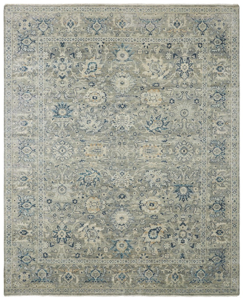 Transitional hand-knotted wool rug in gray and brown, full view