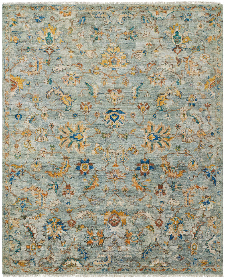 Transitional hand-knotted wool rug in blue and gold, full view