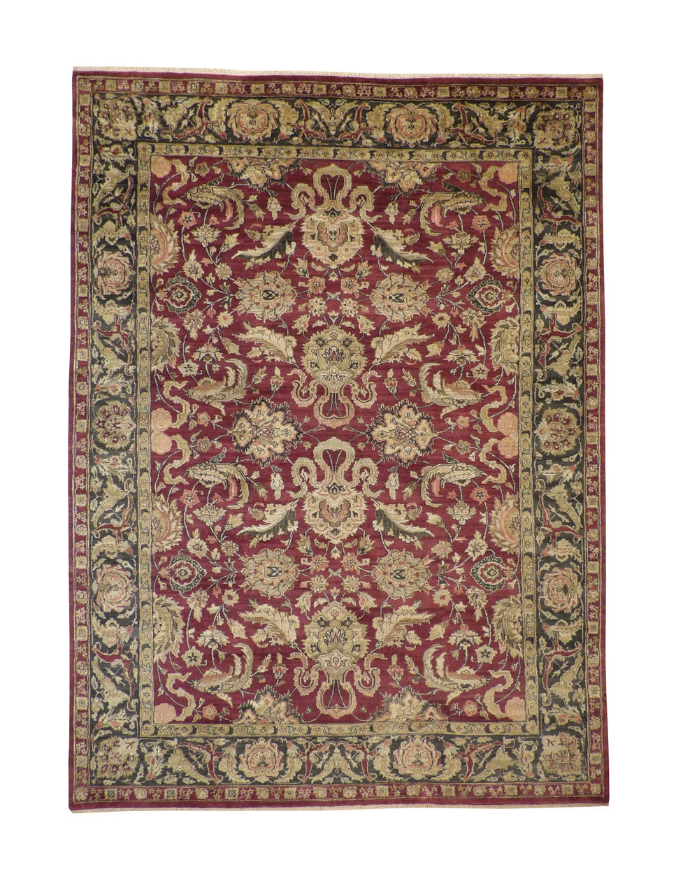 Traditional Fine Mashad hand-knotted wool rug in Green & Red, full view