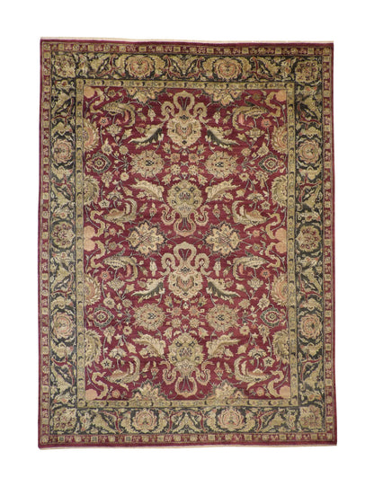 Traditional Fine Mashad hand-knotted wool rug in Green & Red, full view