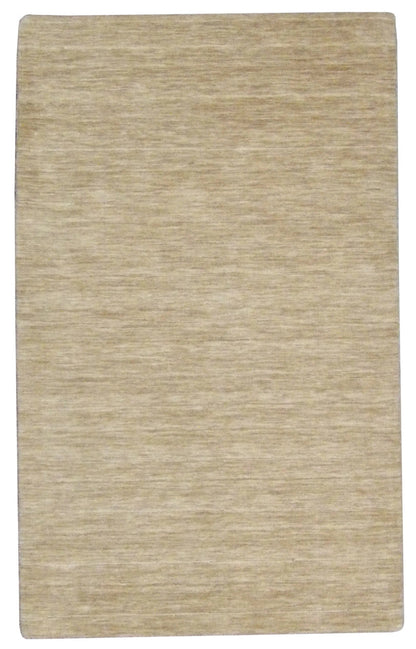 Moroccan hand-knotted wool rug in beige and gold, full view, 3x5