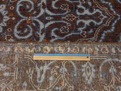 Blue & Brown Colorful Persian Design High Low Broken rug in room setting