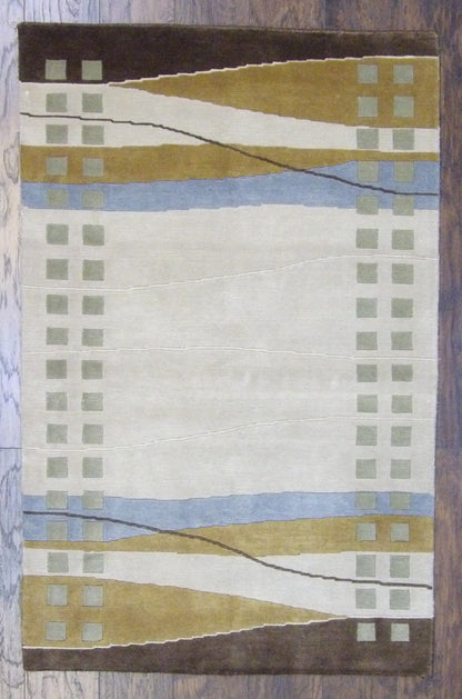 Modern Geometrical Design hand-knotted wool-silk rug in Brown & Beige, full view