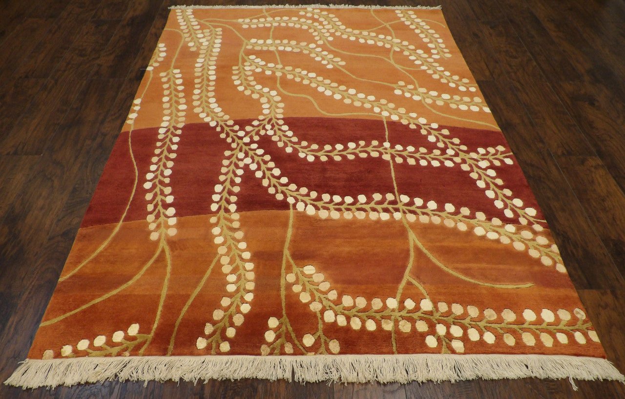 Close-up of wool-silk pile, Gold & Rust rug