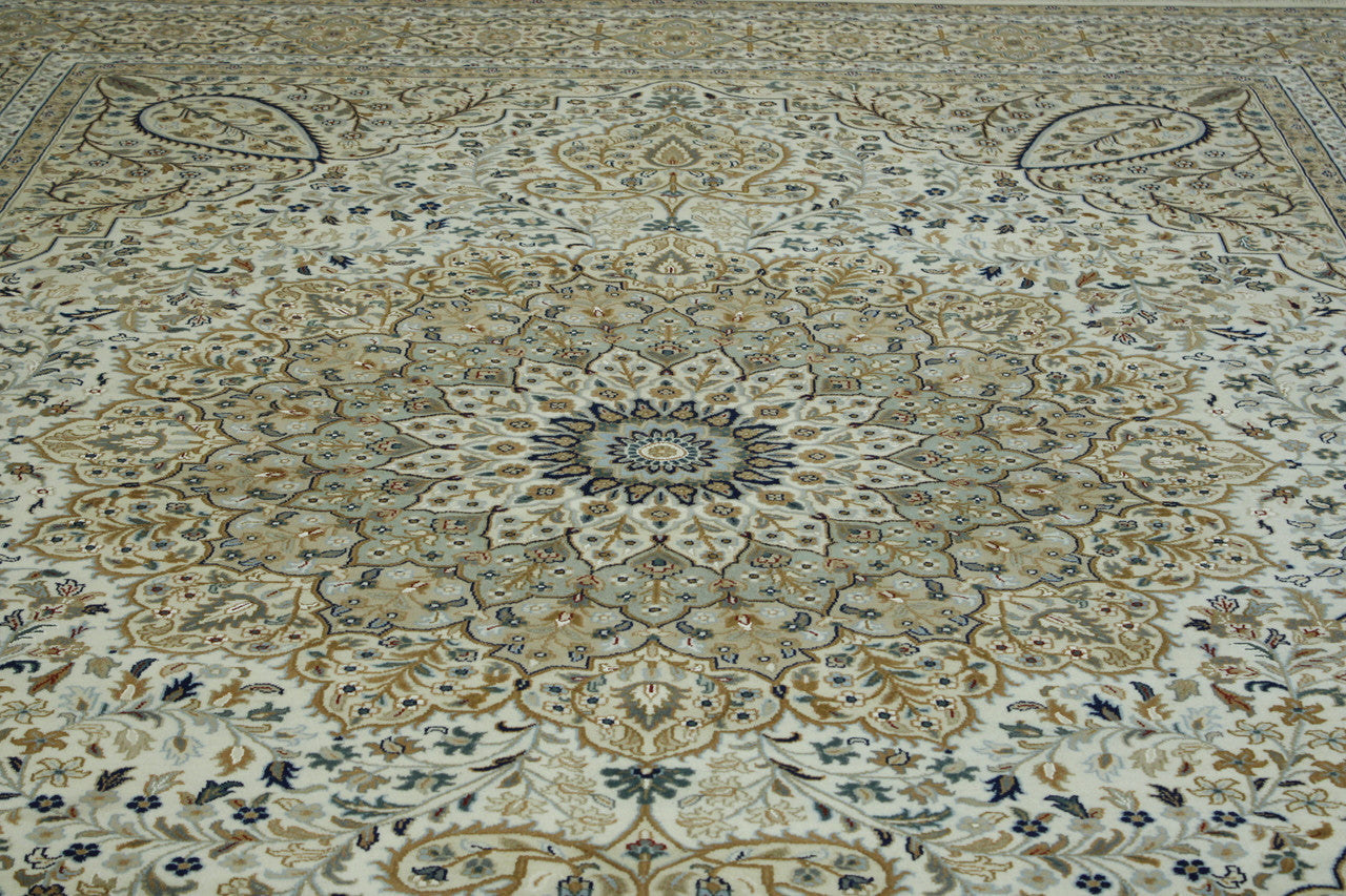Gold & Beige Traditional Fine Qum rug in room setting