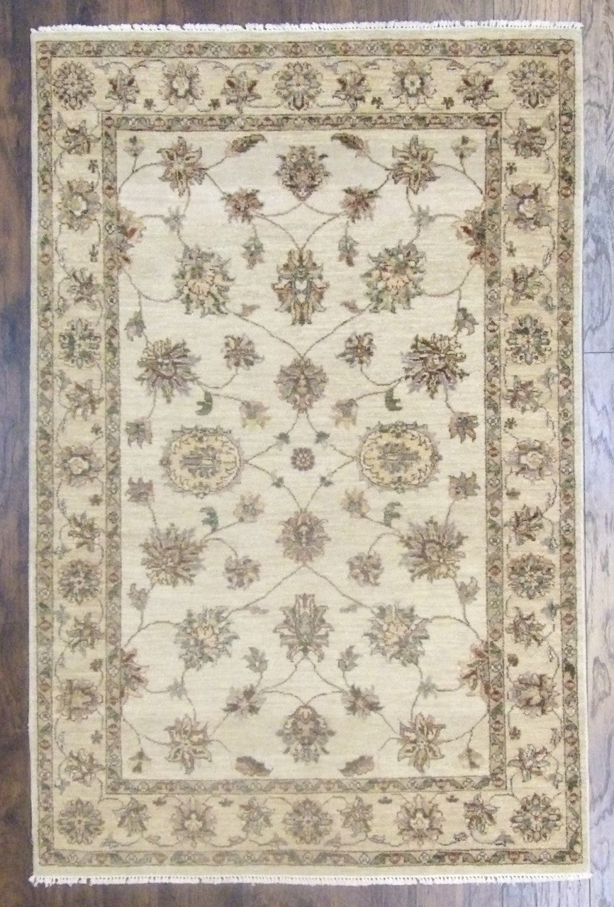Indo Chobi Natural Dye hand-knotted wool rug in Gold & Beige, full view