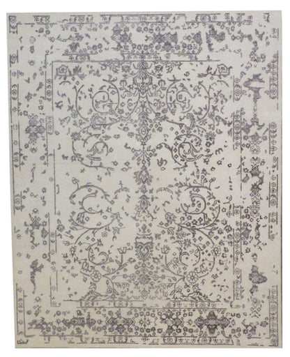 Transitional Broken Design hand-knotted wool-silk rug in Gray & Beige, full view