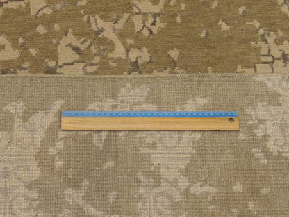Full room view of transitional broken damask hand-knotted rug