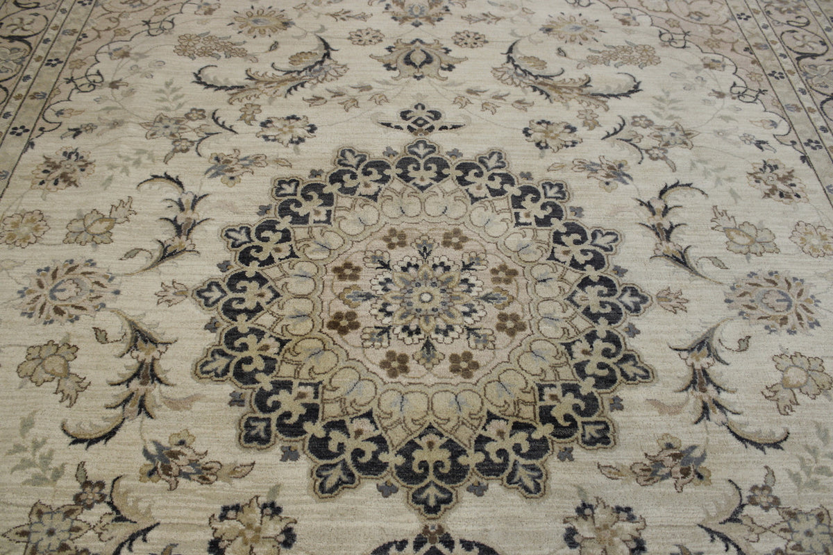 Beige Oushak Indo Agra Chobi rug in room setting