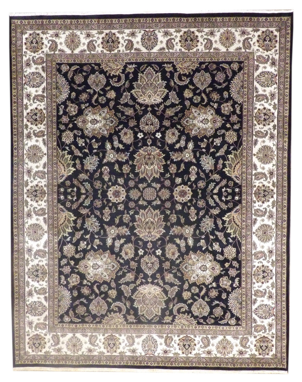 Fine Persian Mashad hand-knotted wool rug in Black & Beige, full view
