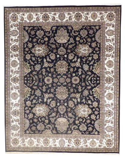 Fine Persian Mashad hand-knotted wool rug in Black & Beige, full view
