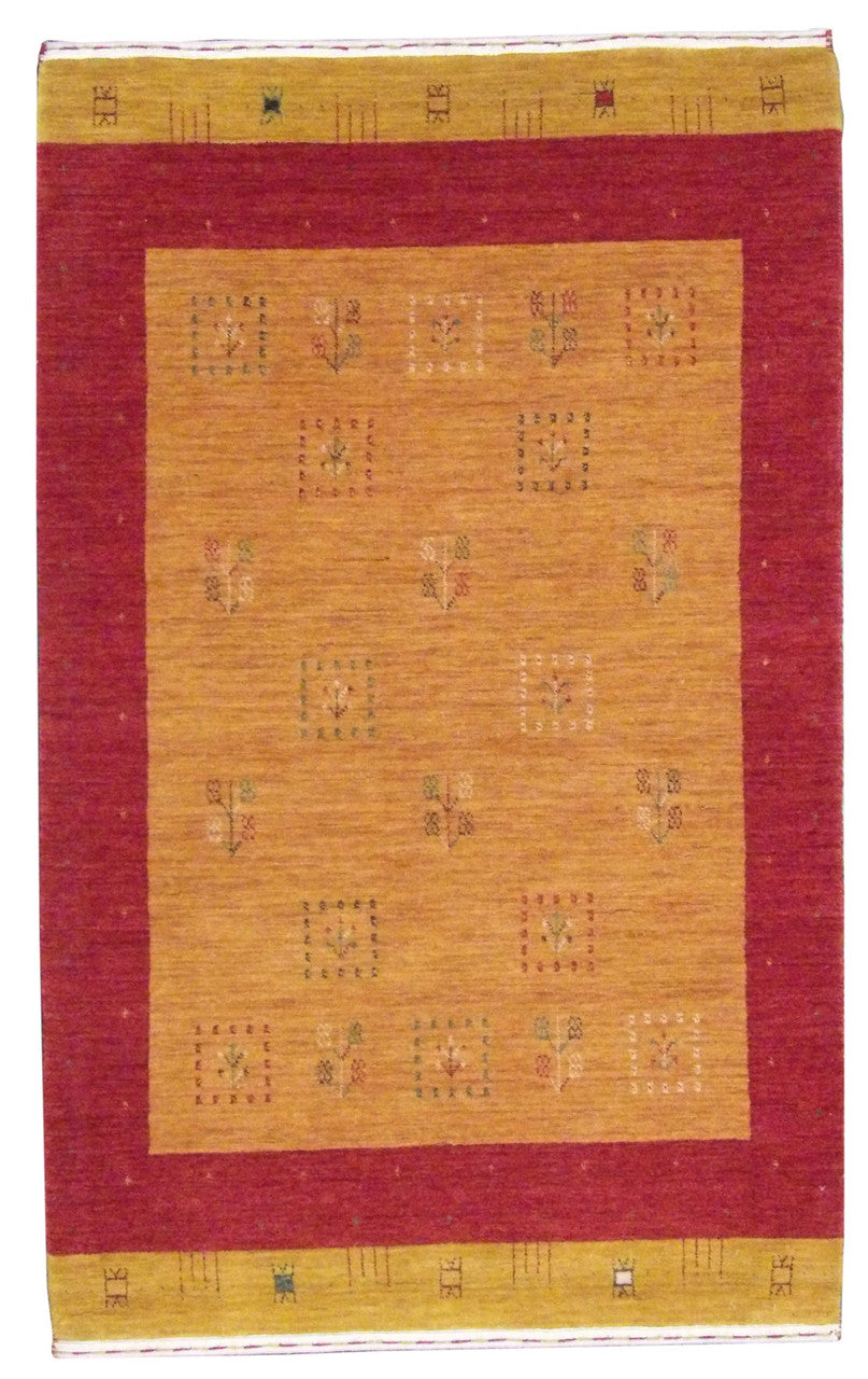 Gabbeh hand-knotted wool rug in Gold & Red, full view