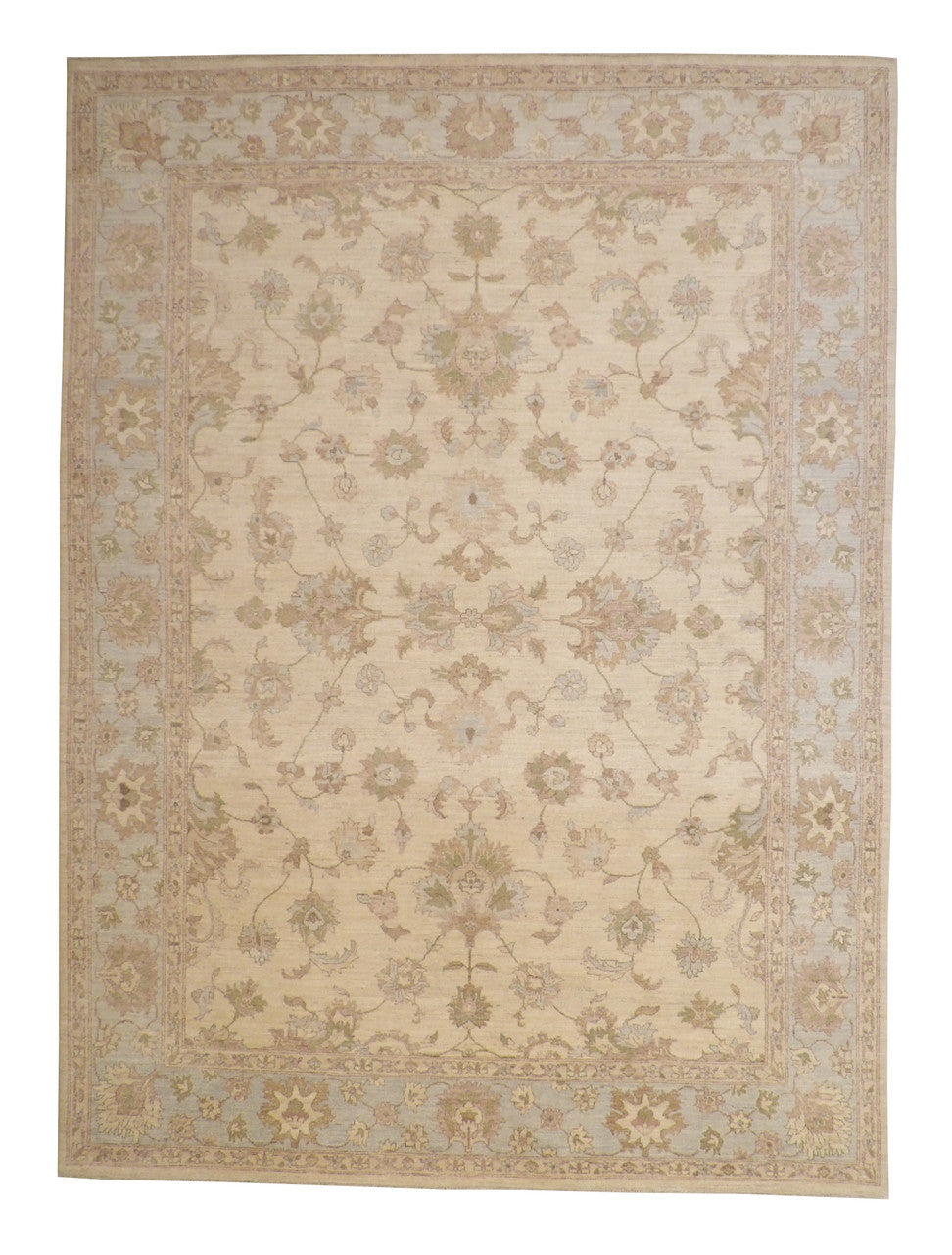 Oushak Chobi hand-knotted wool rug in Blue & Beige, full view