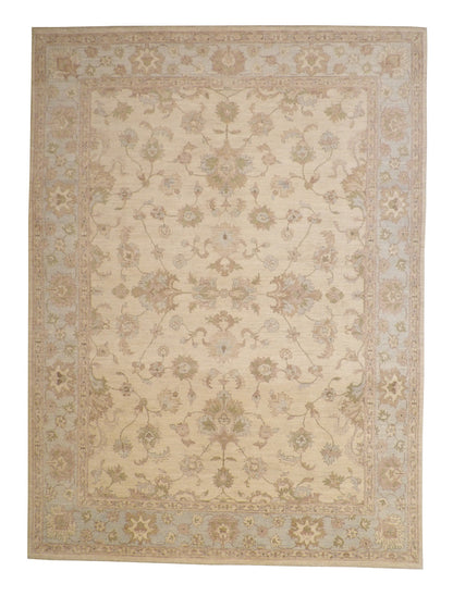 Oushak Chobi hand-knotted wool rug in Blue & Beige, full view