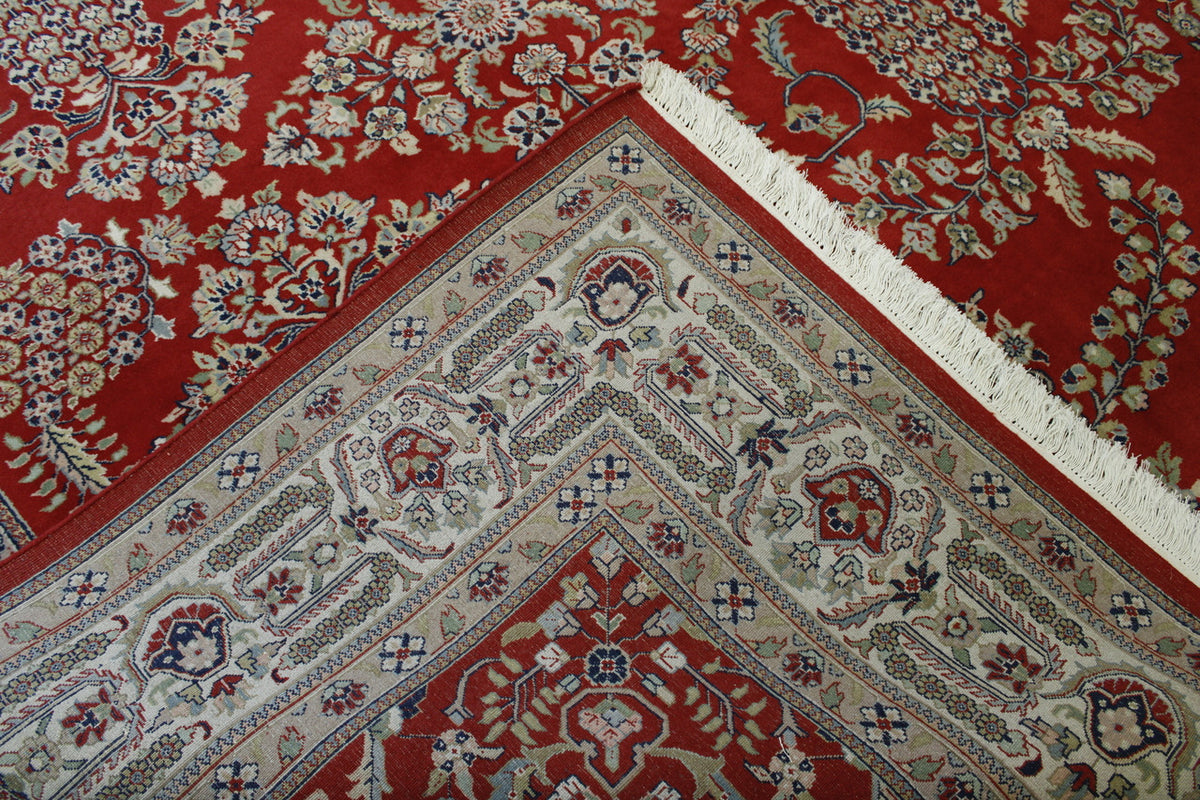 Traditional Sharokh Design hand-knotted wool rug in Brown & Red, full view