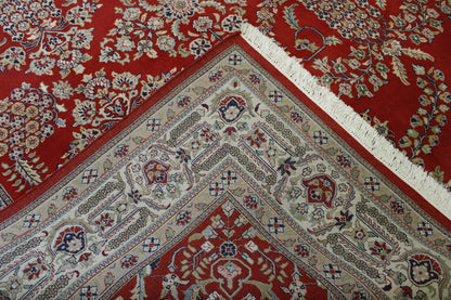 Traditional Sharokh Design hand-knotted wool rug in Brown & Red, full view