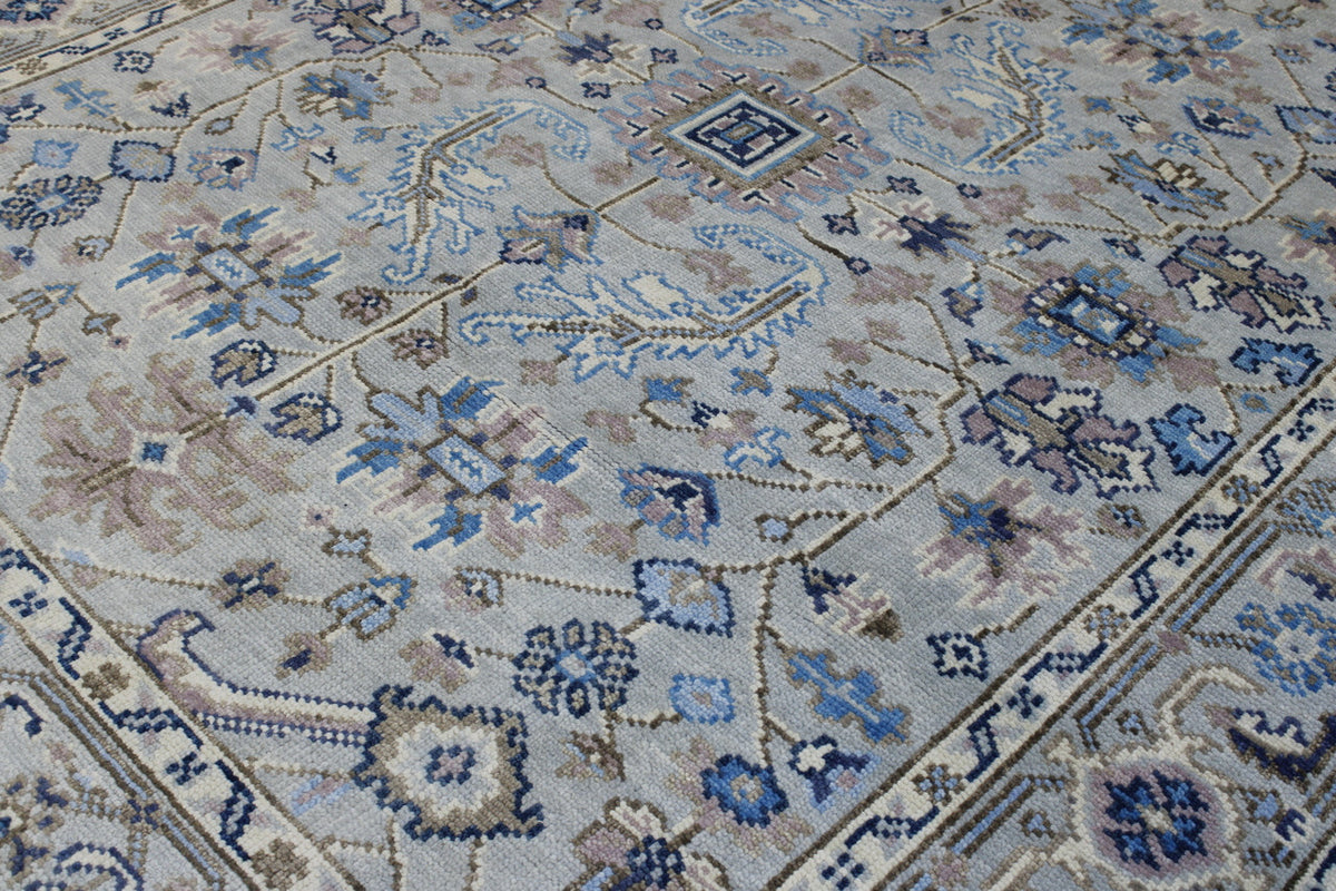 Blue & Gray Oushak Colorful Ziegler rug in room setting