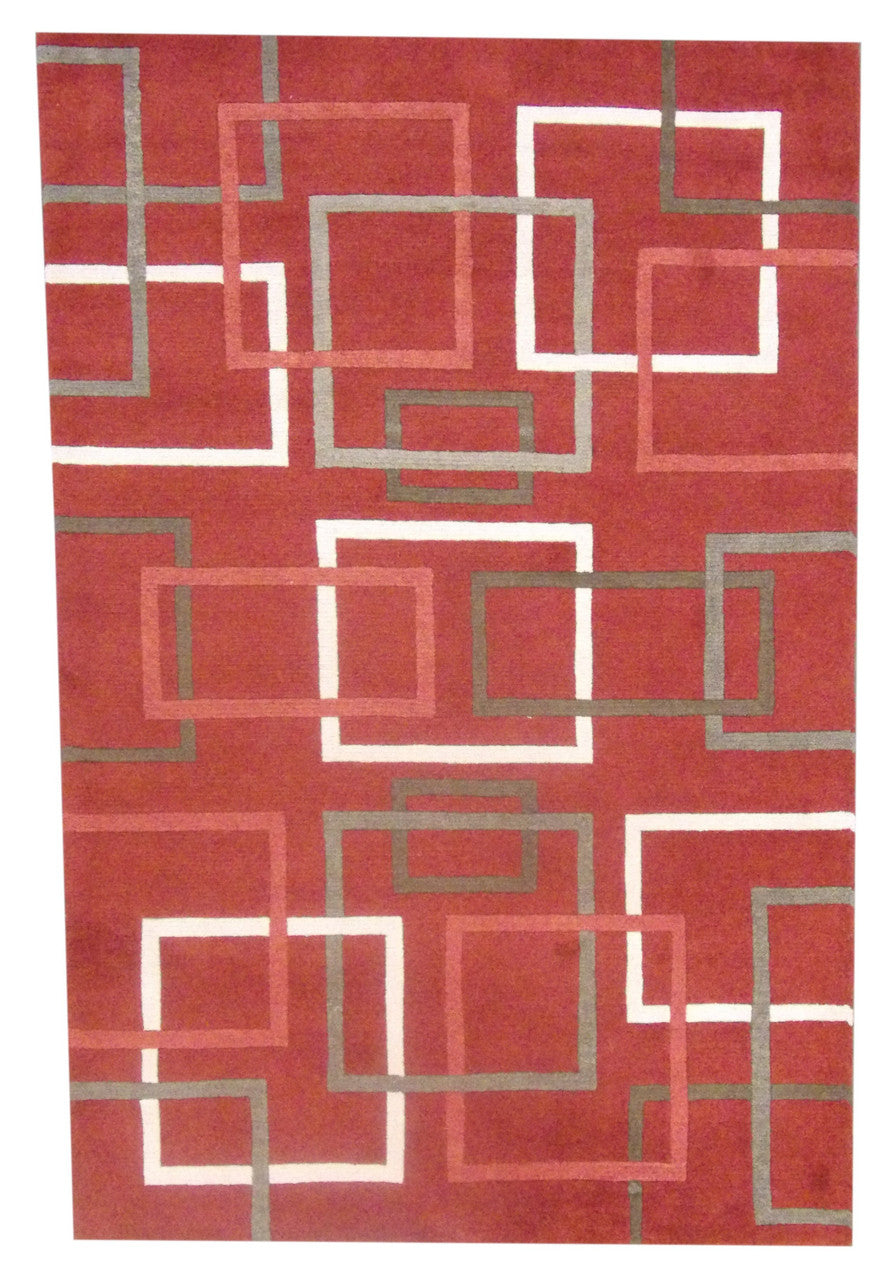 Modern Tibetan Block Design hand-knotted wool rug in Beige & Red, full view