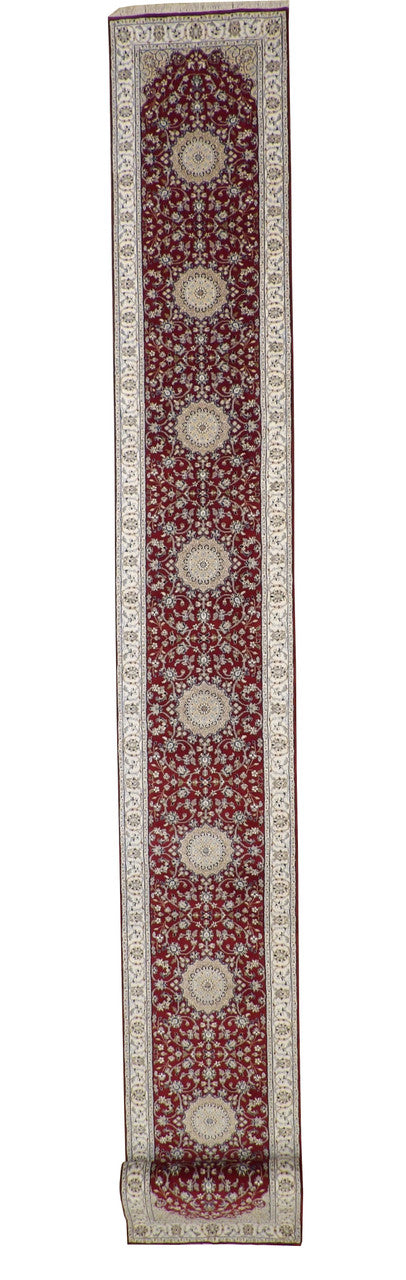 Traditional Fine Nain hand-knotted wool-silk rug in Beige & Red, full view