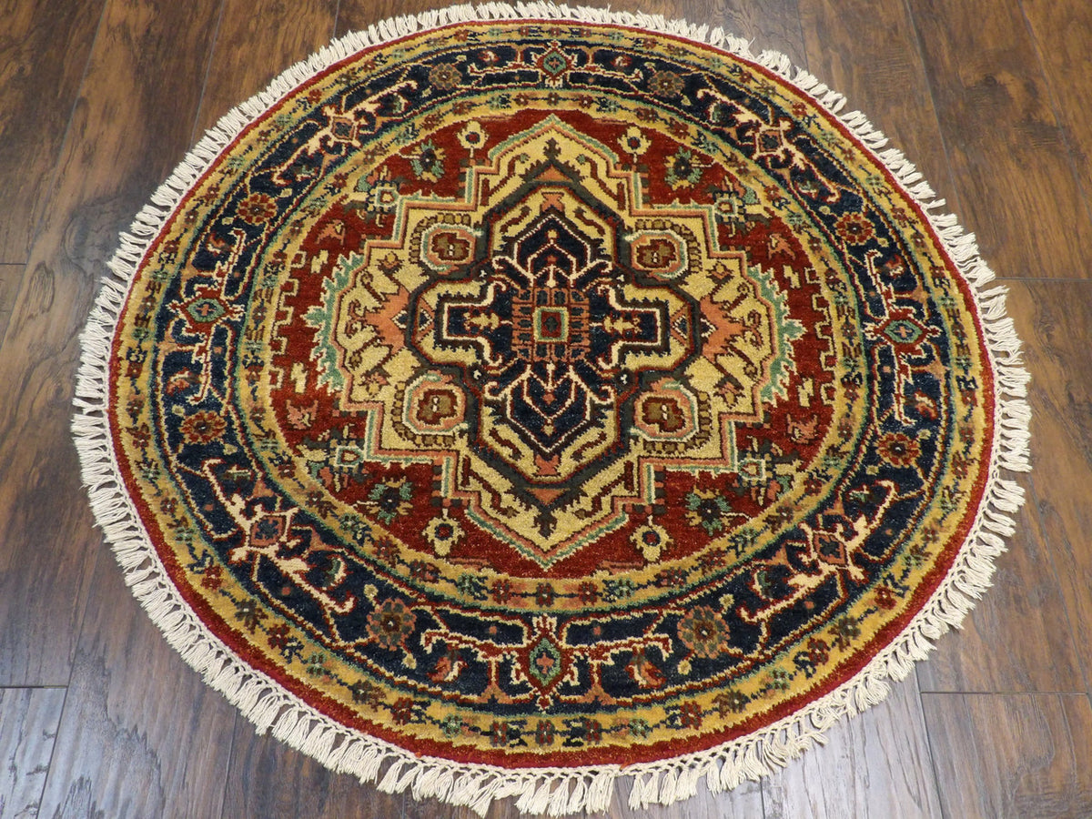 Close-up of wool pile, blue and red round rug