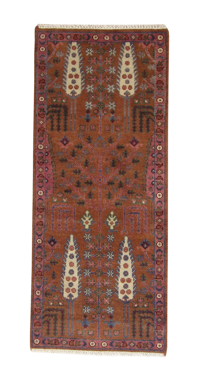 Tribal Indo Heriz hand-knotted wool rug in Pink, full view