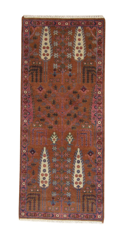 Tribal Indo Heriz hand-knotted wool rug in Pink, full view