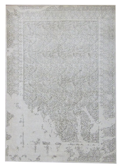 Transitional broken-design hand-knotted wool-silk rug in green and gray, full view