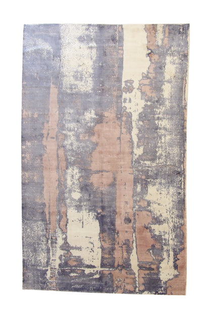 Modern Abstract Design hand-knotted silk rug in Blue & White, full view