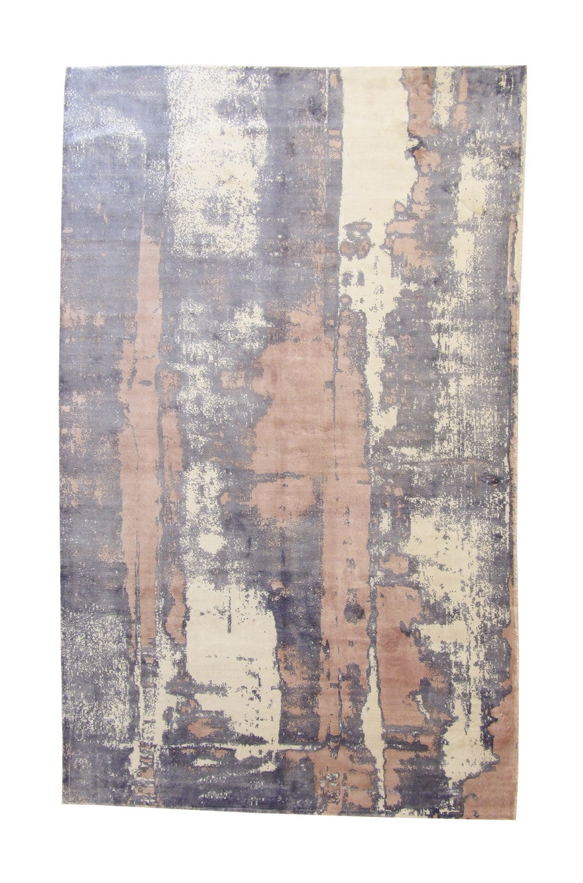 Modern Abstract Design hand-knotted silk rug in Blue & White, full view