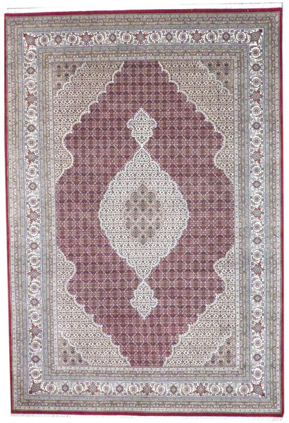 Fine Persian Mahi Tabriz hand-knotted wool-silk rug in Beige & Red, full view