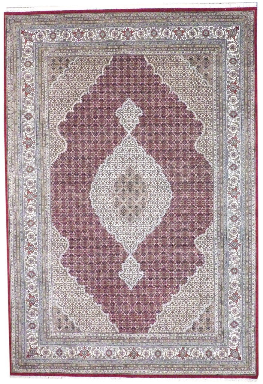 Fine Persian Mahi Tabriz hand-knotted wool-silk rug in Beige & Red, full view