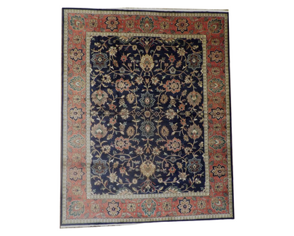 Turkish Weave Kashan hand-knotted wool rug in Blue & Rust, full view