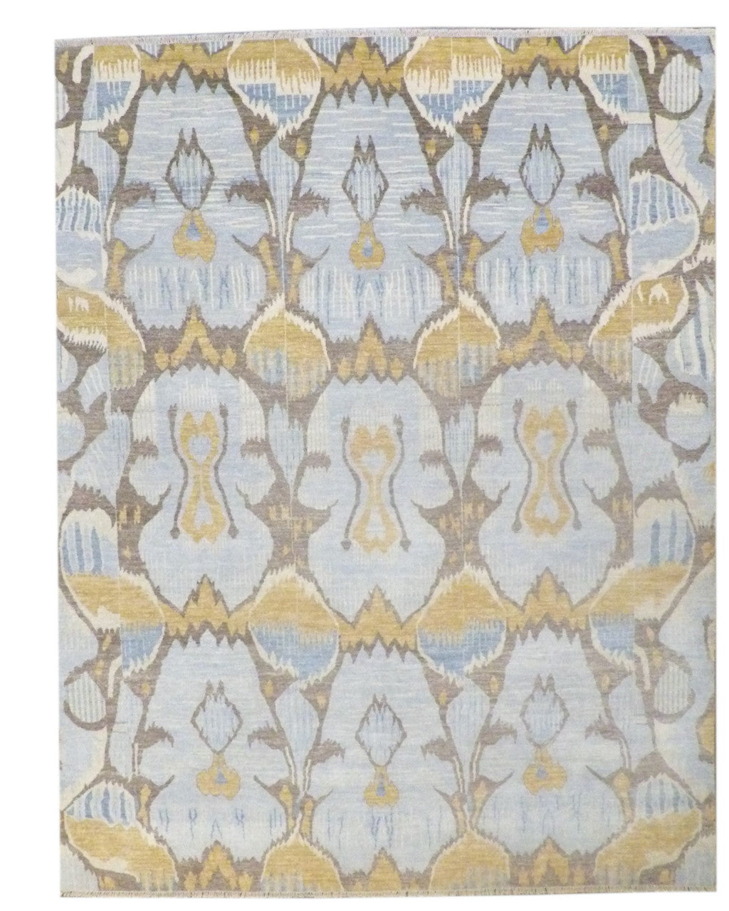 Transitional Ikat design hand-knotted wool rug in brown and gold, full view