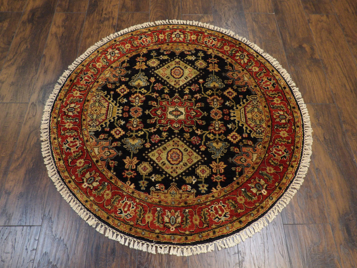 Close-up of wool pile, blue and red round rug