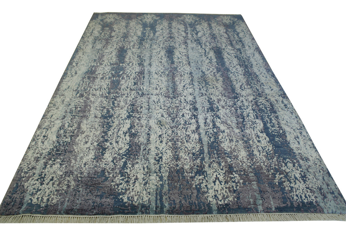 Close-up of wool-silk pile, Blue & Gray rug