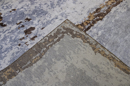 Blue 8'10" x 11'10" Modern Abstract Distress Design Hand knotted Silk Rug - Sku: w2341