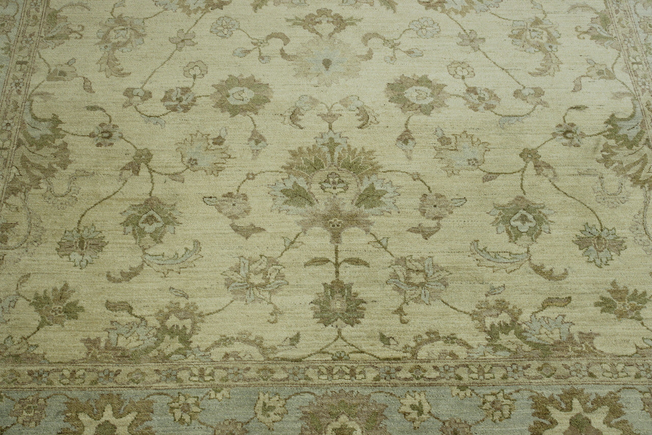 Oushak Chobi hand-knotted wool rug in Blue & Beige, full view