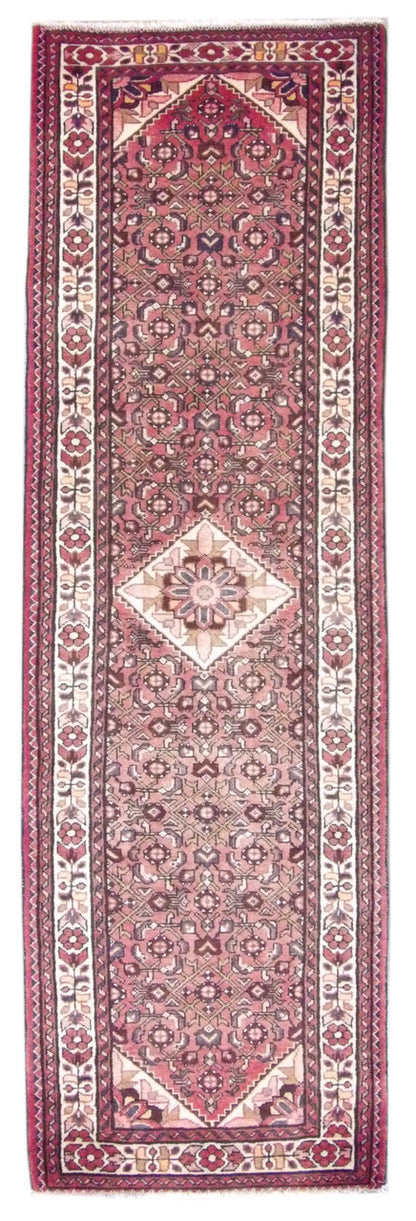 Persian semi-antique Hamadan hand-knotted wool runner in beige and red, full view