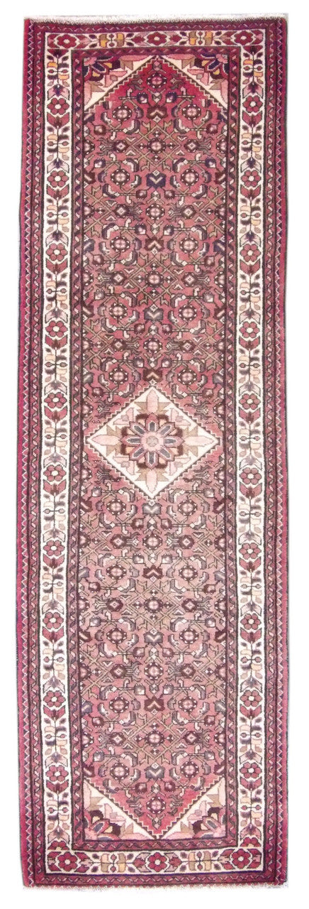 Persian semi-antique Hamadan hand-knotted wool runner in beige and red, full view