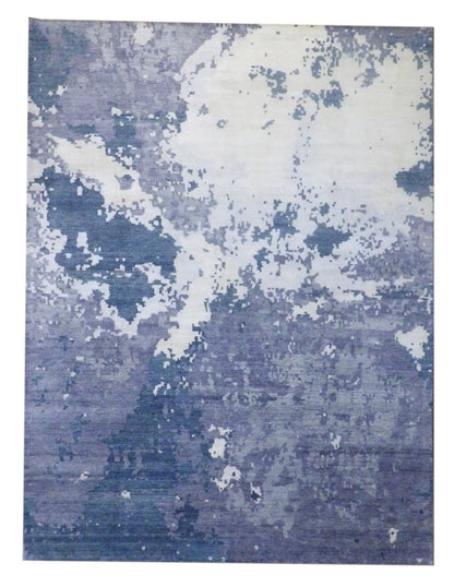 Modern abstract ocean design hand-knotted wool-silk rug in blue and gray, full view