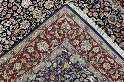 Traditional Fine Heraki hand-knotted wool-silk rug in Blue & Red, full view
