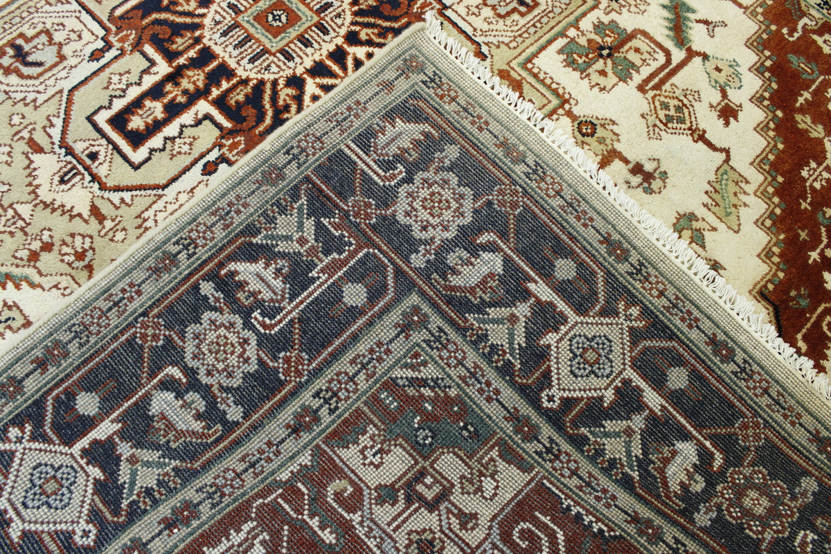 Tribal Heriz hand-knotted wool rug in Blue & Beige, full view