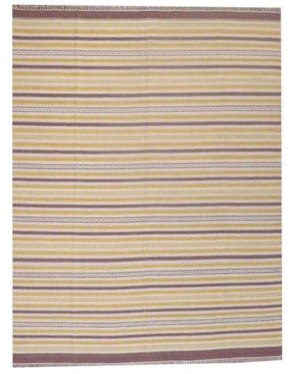 Coastal flat-weave hand-knotted wool rug in brown and gold, full view