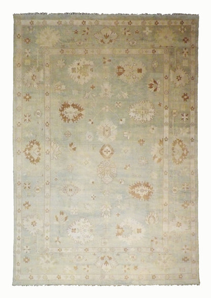 Turkish Oushak hand-knotted wool rug in green, oversized, full view