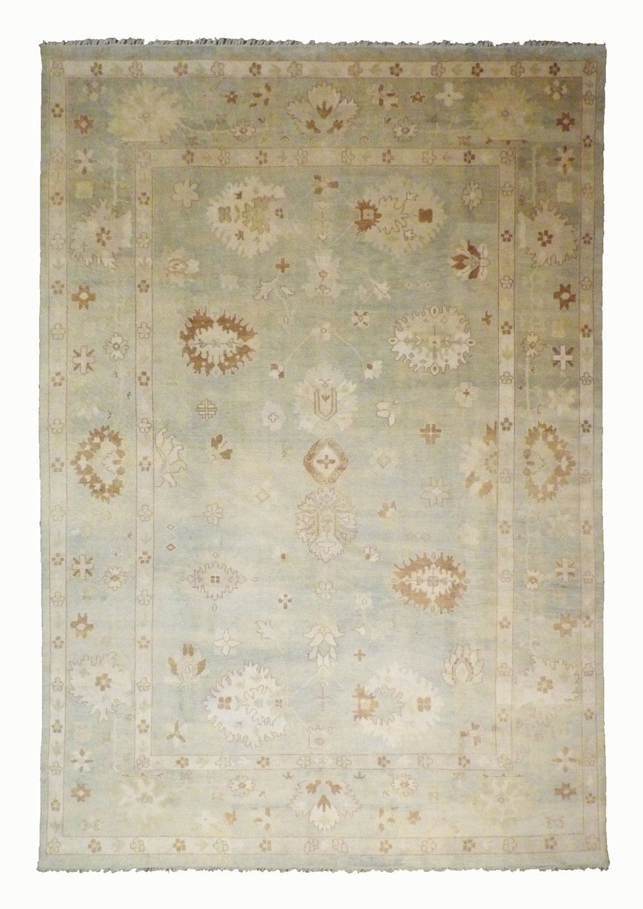 Turkish Oushak hand-knotted wool rug in green, oversized, full view