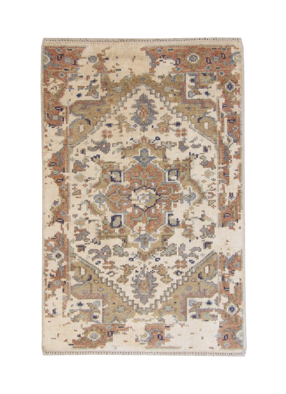 Transitional Abstract Broken Design hand-knotted wool-silk rug in Beige & Rust, full view