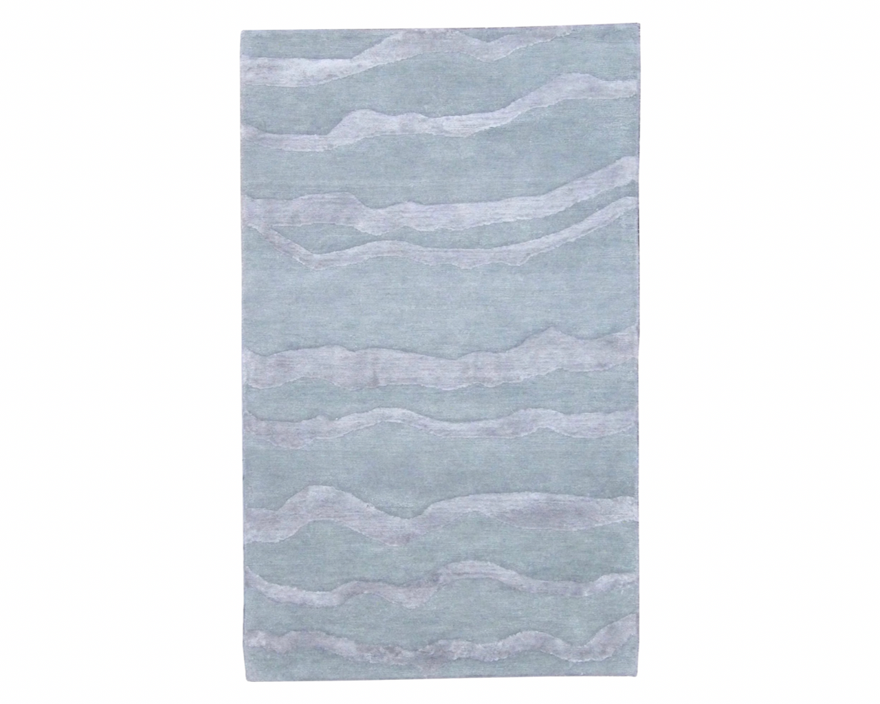 Modern Tibetan waves hand-knotted wool-silk rug in green and gray, full view