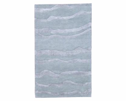 Modern Tibetan waves hand-knotted wool-silk rug in green and gray, full view