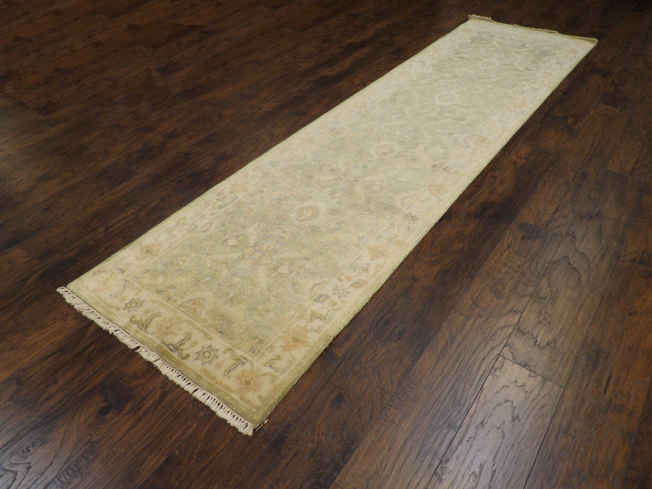 Oushak pattern detail, beige and green wash runner