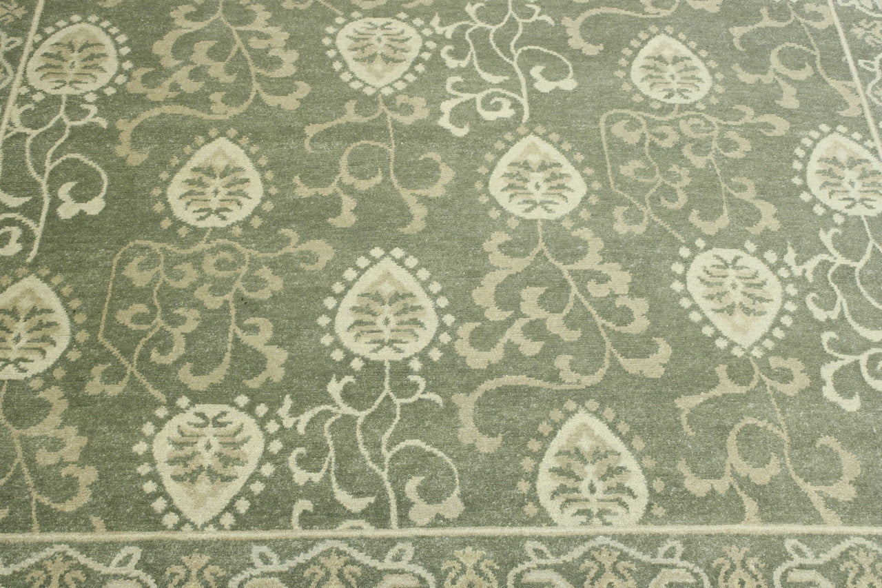 Tribal Ikat hand-knotted wool rug in Green & Gray, full view